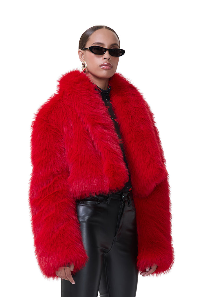 women's oversized fur jacket in barbados cherry 