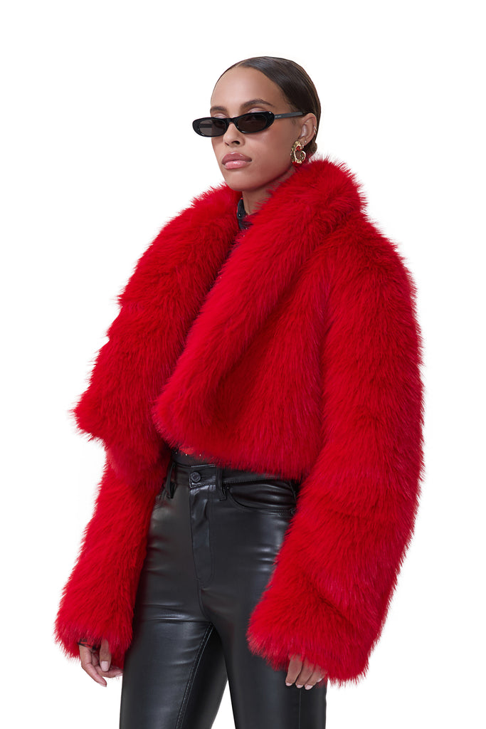 women's oversized fur jacket in barbados cherry 