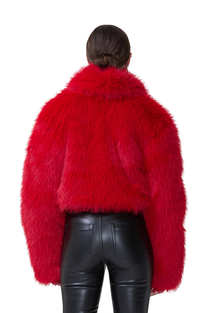 women's oversized fur jacket in barbados cherry 