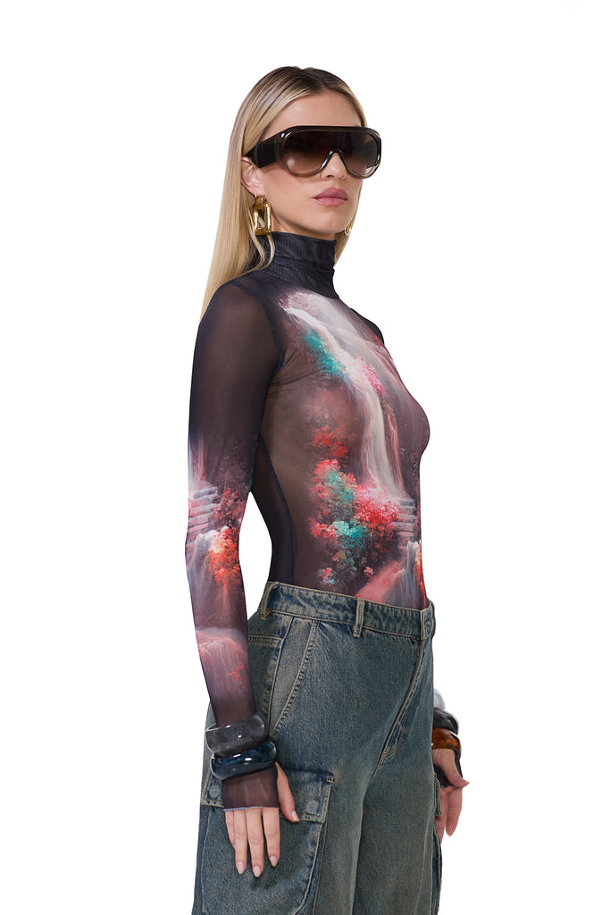 women's sheer mesh long sleeve turtleneck top in rococo landscape print 