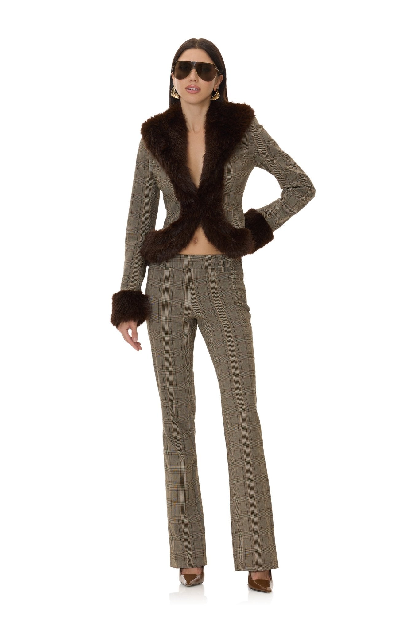 Clarra Fur Jacket - Brown Plaid - AFRM